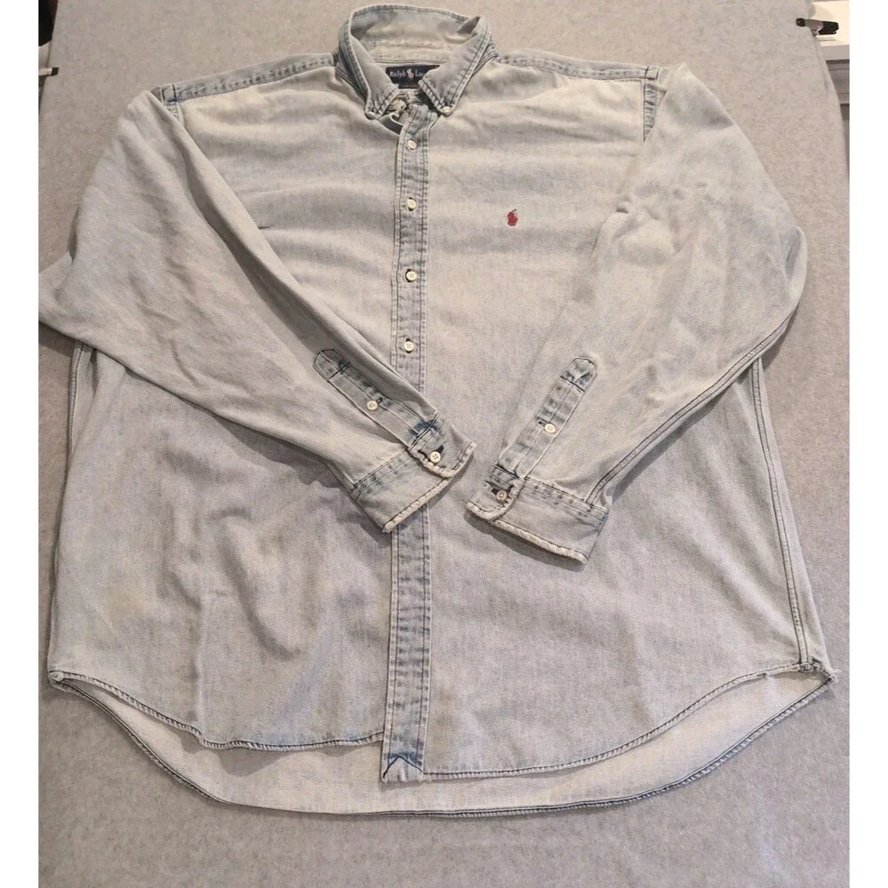 Vintage Polo Ralph Lauren Denim Shirt Men 2XL Light Wash Red Pony Blaire 90s